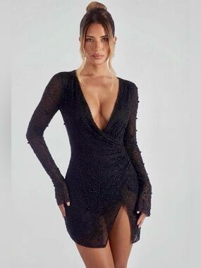 Oh Polly Chelsea Wrap Dress Black Beaded Sheer Long Sleeved Size 0